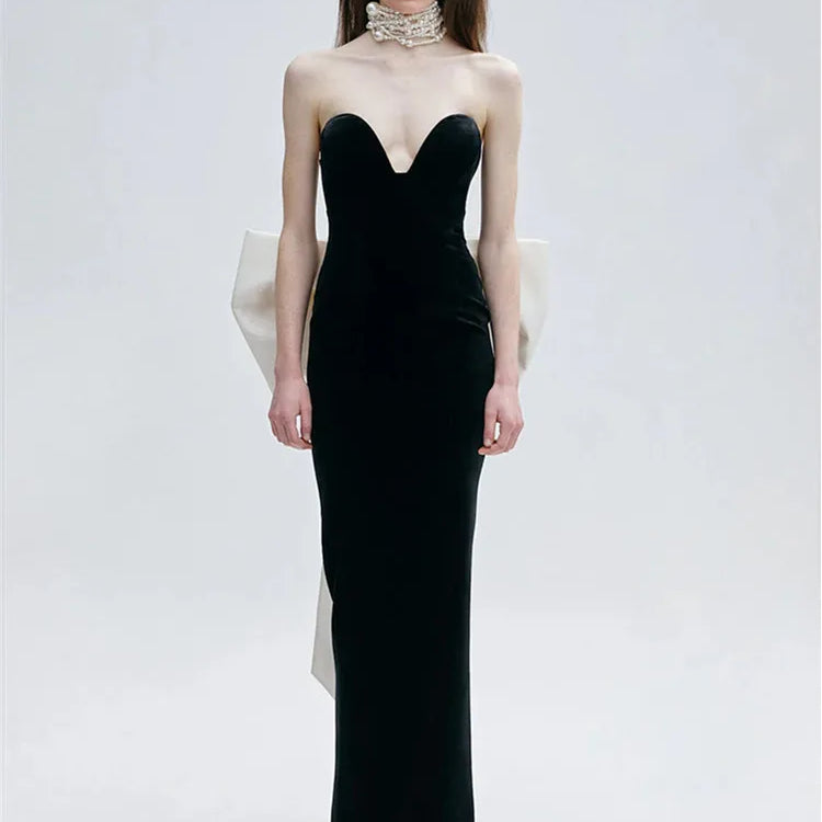 Women Celebrity Sexy Strapless Bow Tie Patchwork Black Maxi Long Bodycon Bandage Dress 2025 Elegant Evening Club Party Dress