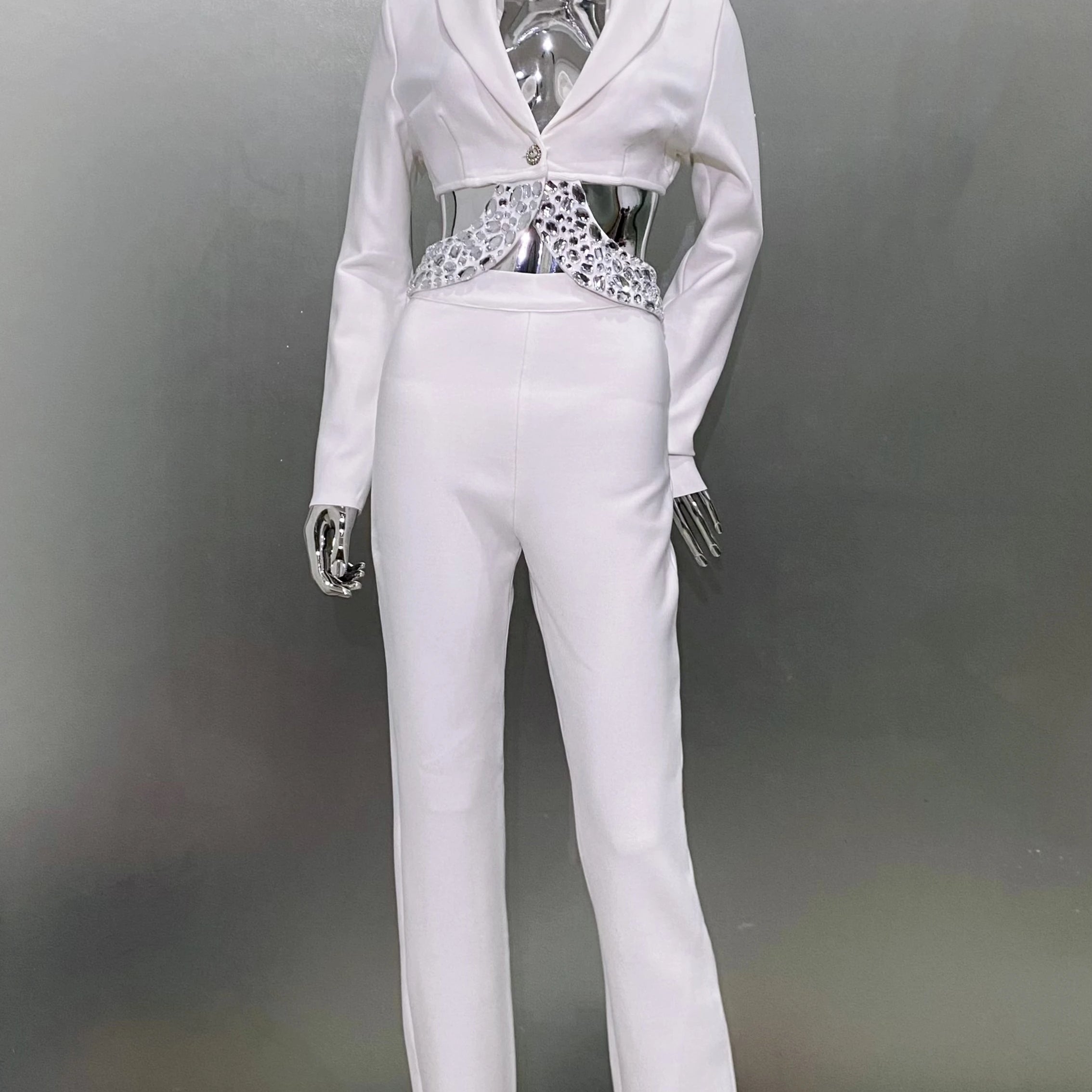 2024 Black White Women Long Sleeve Sexy V-Neck Bodycon Bandage Set Shinning Crystal Nightclub Party Women's Set WHITE