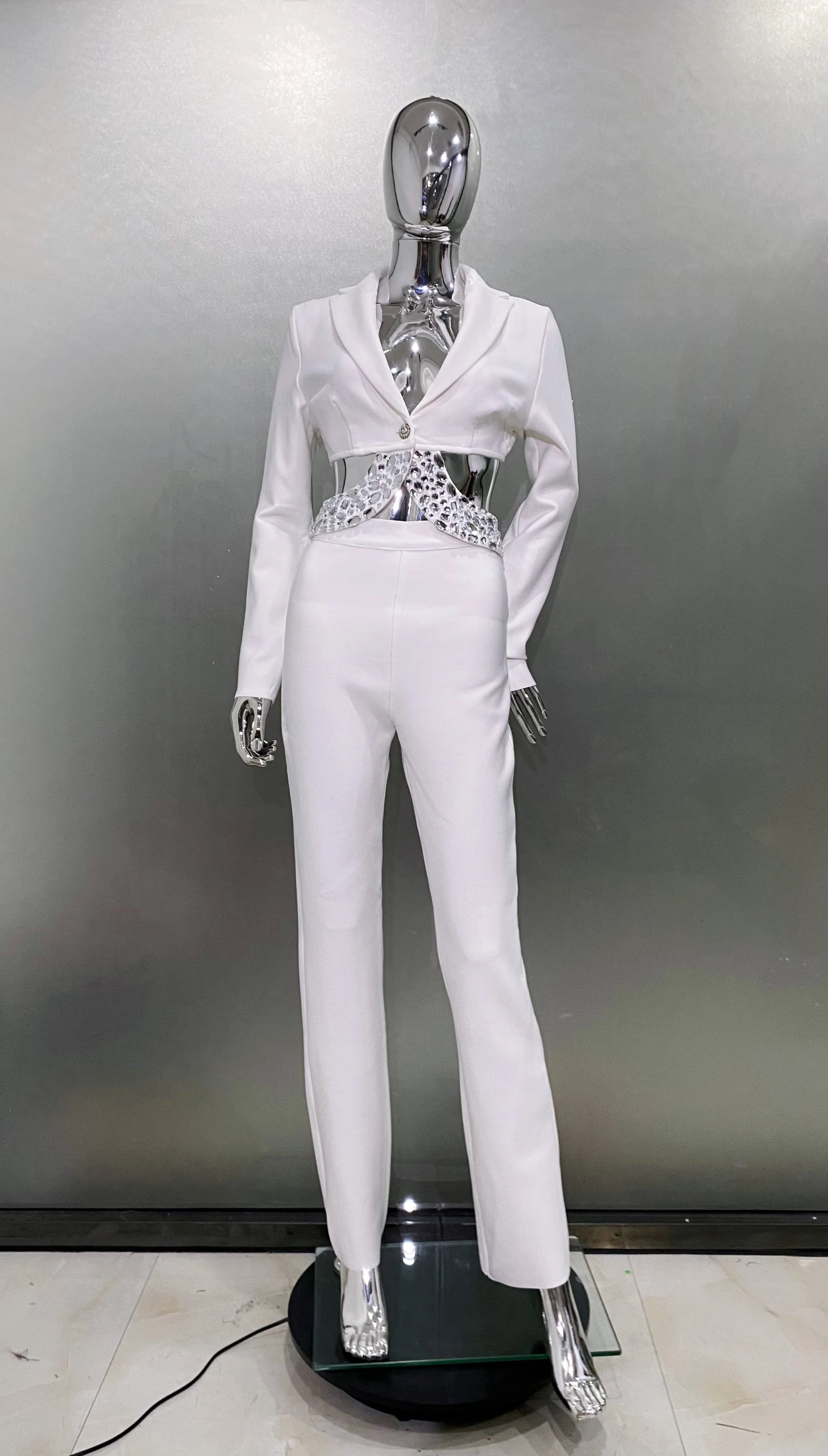 2024 Black White Women Long Sleeve Sexy V-Neck Bodycon Bandage Set Shinning Crystal Nightclub Party Women's Set WHITE