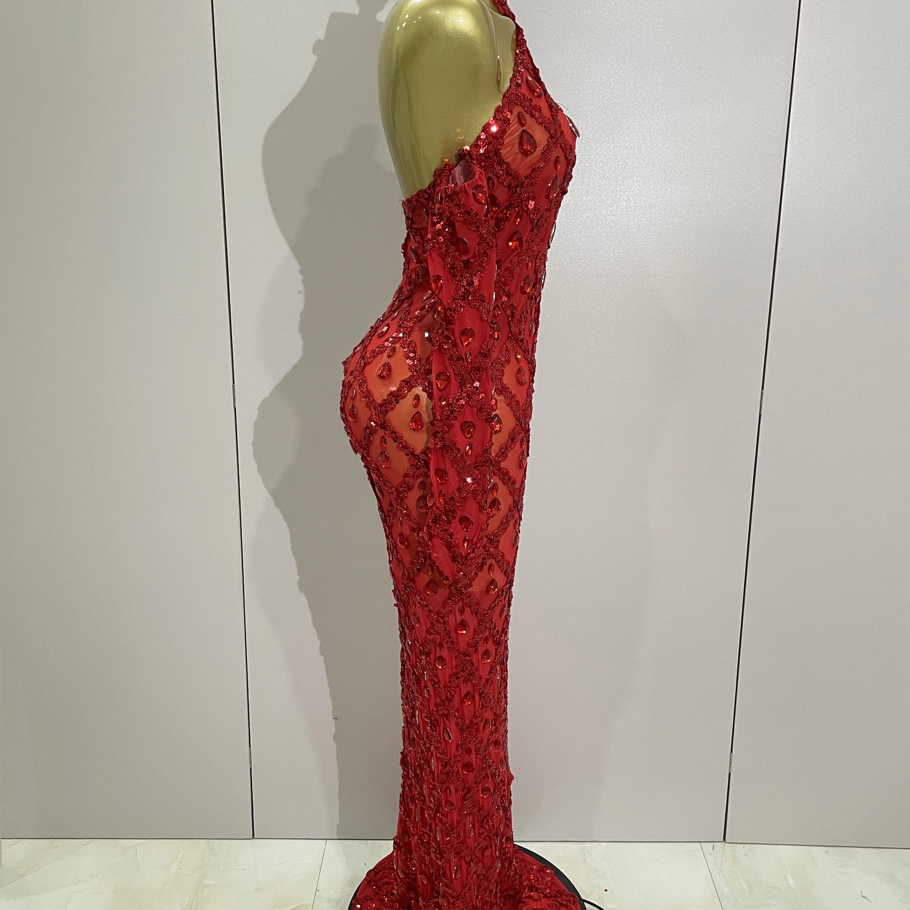 Sexy Sparkly Rhinestones Halter Mesh Long Dress With Gloves 2025 Women Celebrate Evening Wedding Prom Birthday Dress Shoot Wear