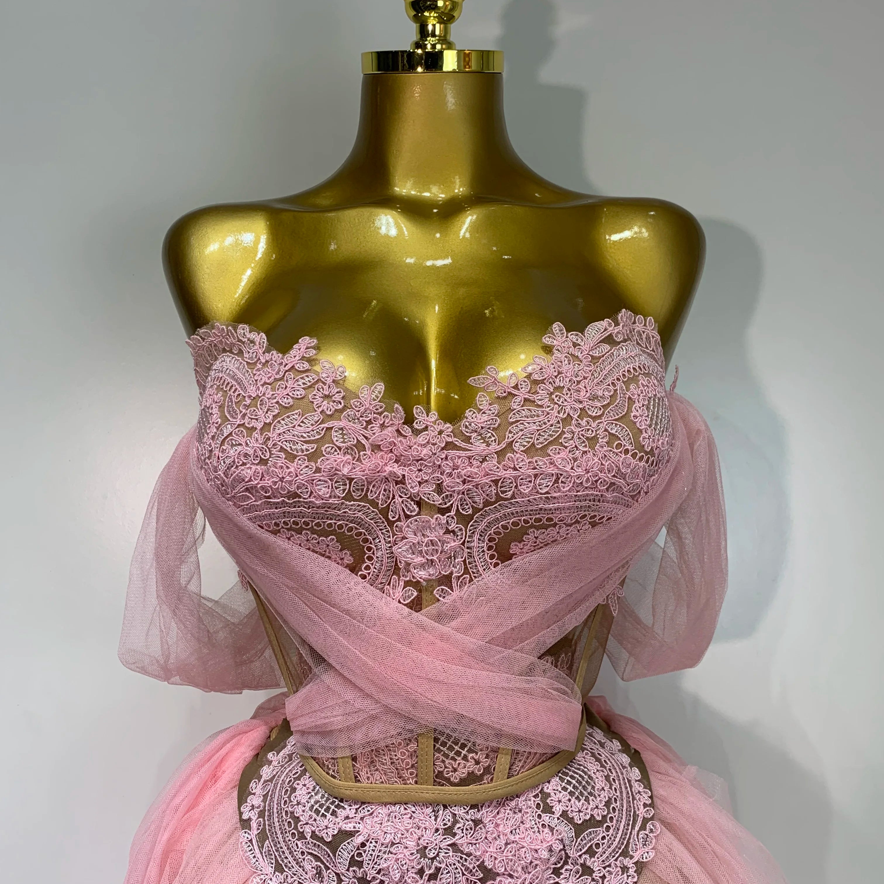 Women Sexy Strapless Pink Mesh Two Pieces Set Prom Gown Celebrate Birthday Nightclub Party Singer Stage Performance Costume