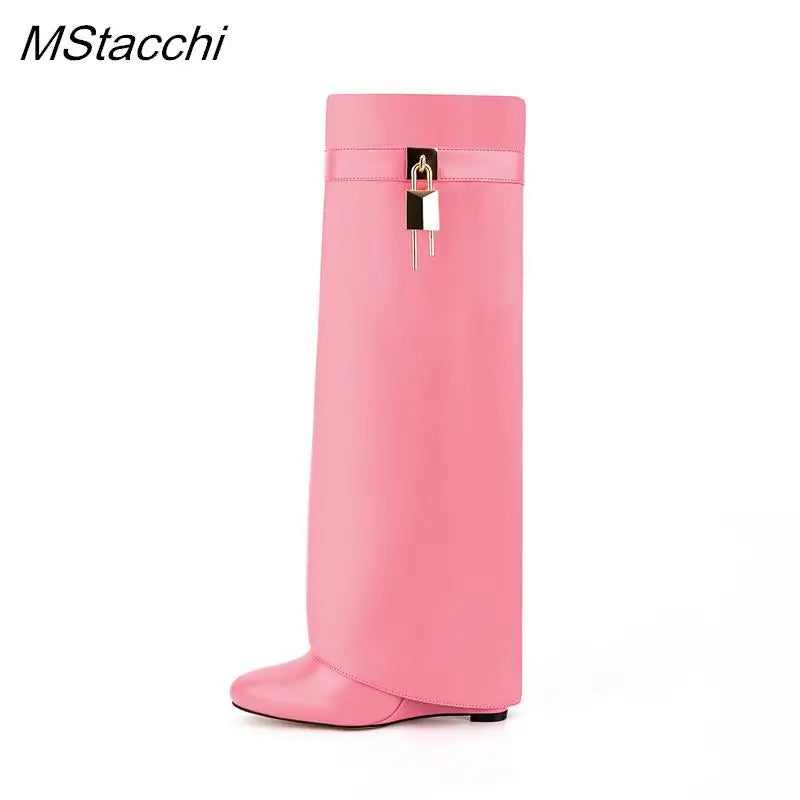 Lock Metal Buckle Women Knee High Boots Wedges Shoes For Woman Punk Style Round Toe Zipper Cowboy Boots Trend 2025 Female Shoes Pink