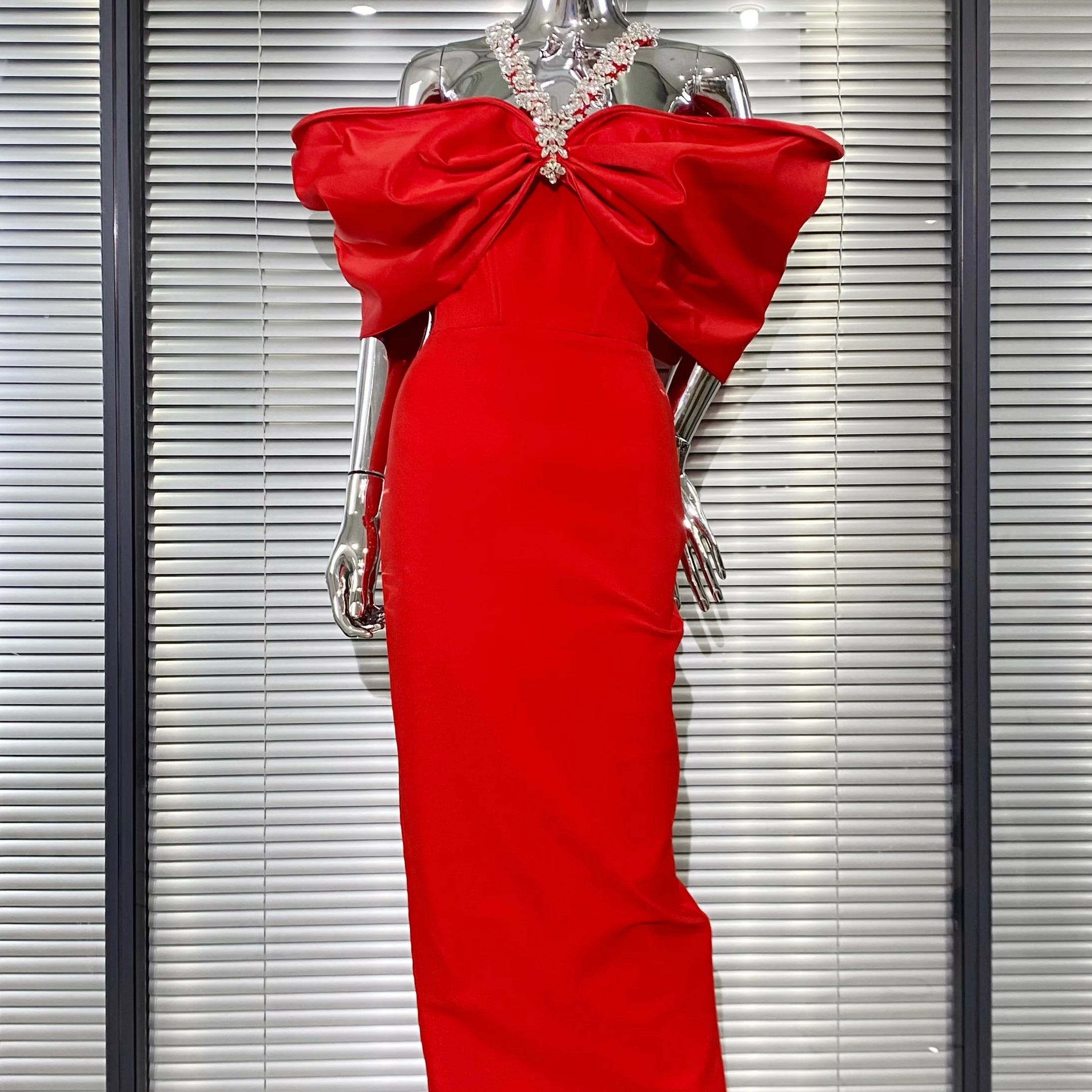 Sexy Off The Shoulder Shinind Diamond Halter Ankle Length Bandage Dress Elegant Woman Party Vestido Birthday Party Outfit Red