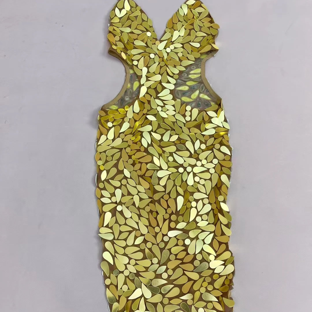Sexy Backless Strap Deep V Mini Dress Gloden Sequins Evening Dress Birthday Party Queen Maxi Dress Club Chic Dress Huangjinban