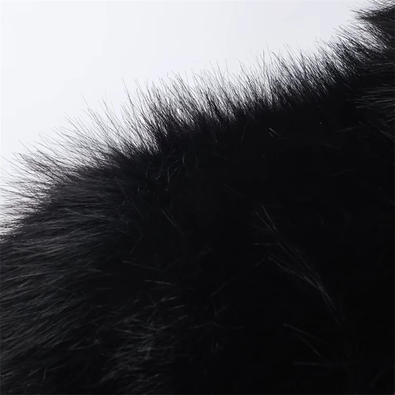 Black Faux Fur Bomber Jacket for Women - High Collar, Zipper Closure, Soft Fluffy Texture, Stylish Cold-Weather Coat