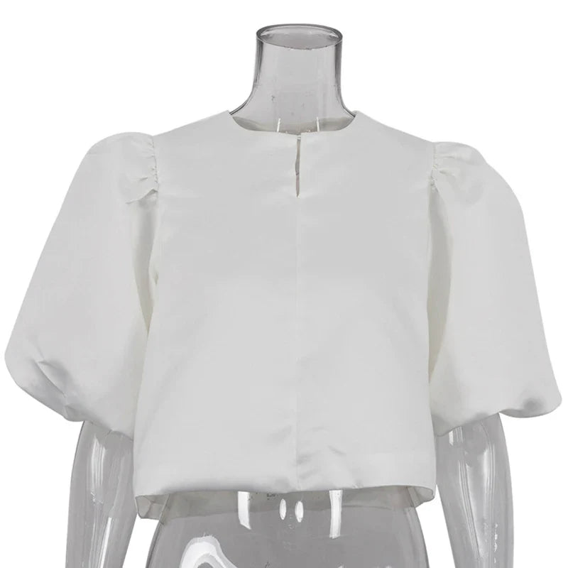 Women‘s White Shirt Fashion Elegant Bubble Sleeve Blouses Women Tops White