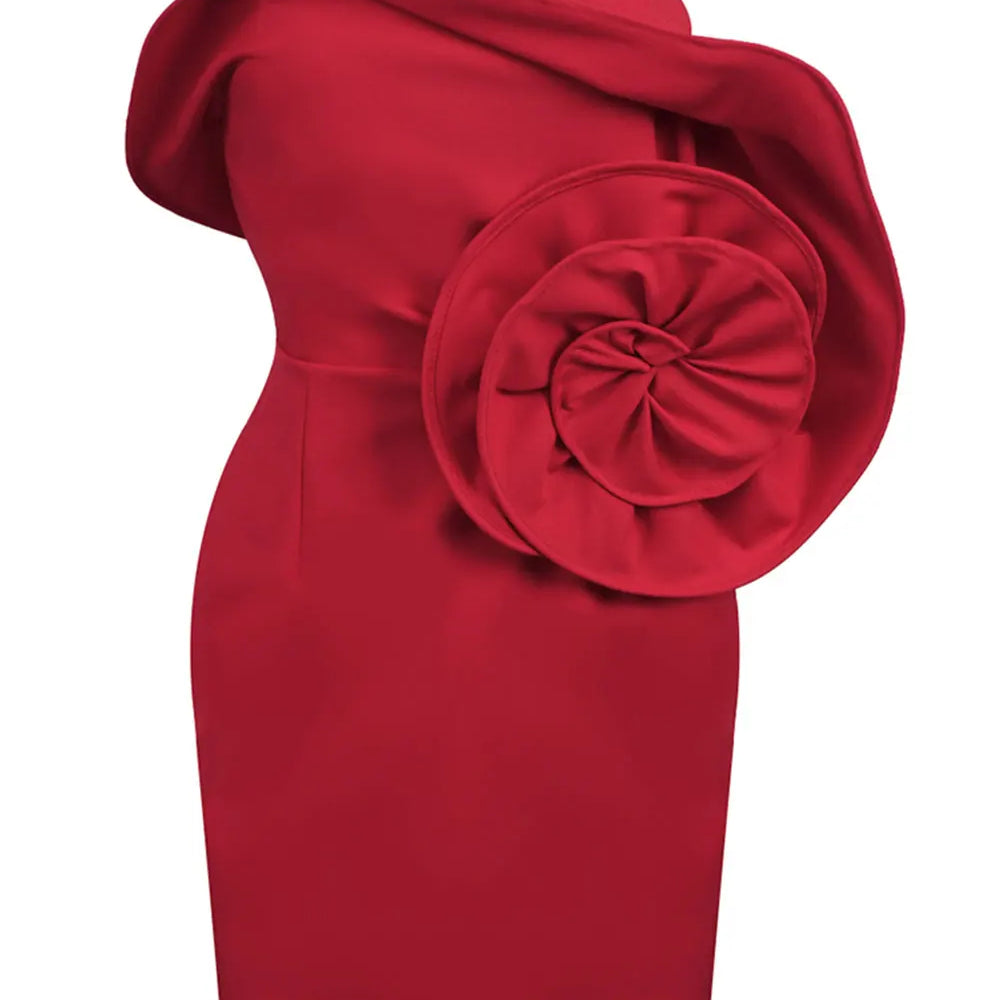 2024 Sexy Women 3D Flower Design Christmas Dress Strapless Sleeveless Bodycon Bareback Mini Dress Cocktail Evening Party Vestido Red