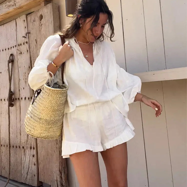 fashion summer cotton linen loose ruffle shorts suits women long sleeve drawstring pullover 2 pieces set casual beach suits