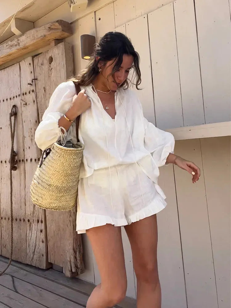 fashion summer cotton linen loose ruffle shorts suits women long sleeve drawstring pullover 2 pieces set casual beach suits