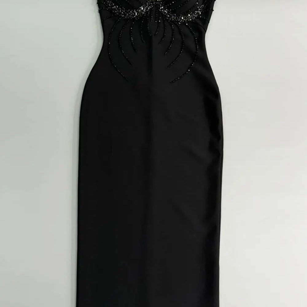 2025 Sexy Women Three-Dimensional Rhinestone Design Bandage Dress Spaghetti Strap Sleeveless Bodycon Backless Midi Dress Vestido