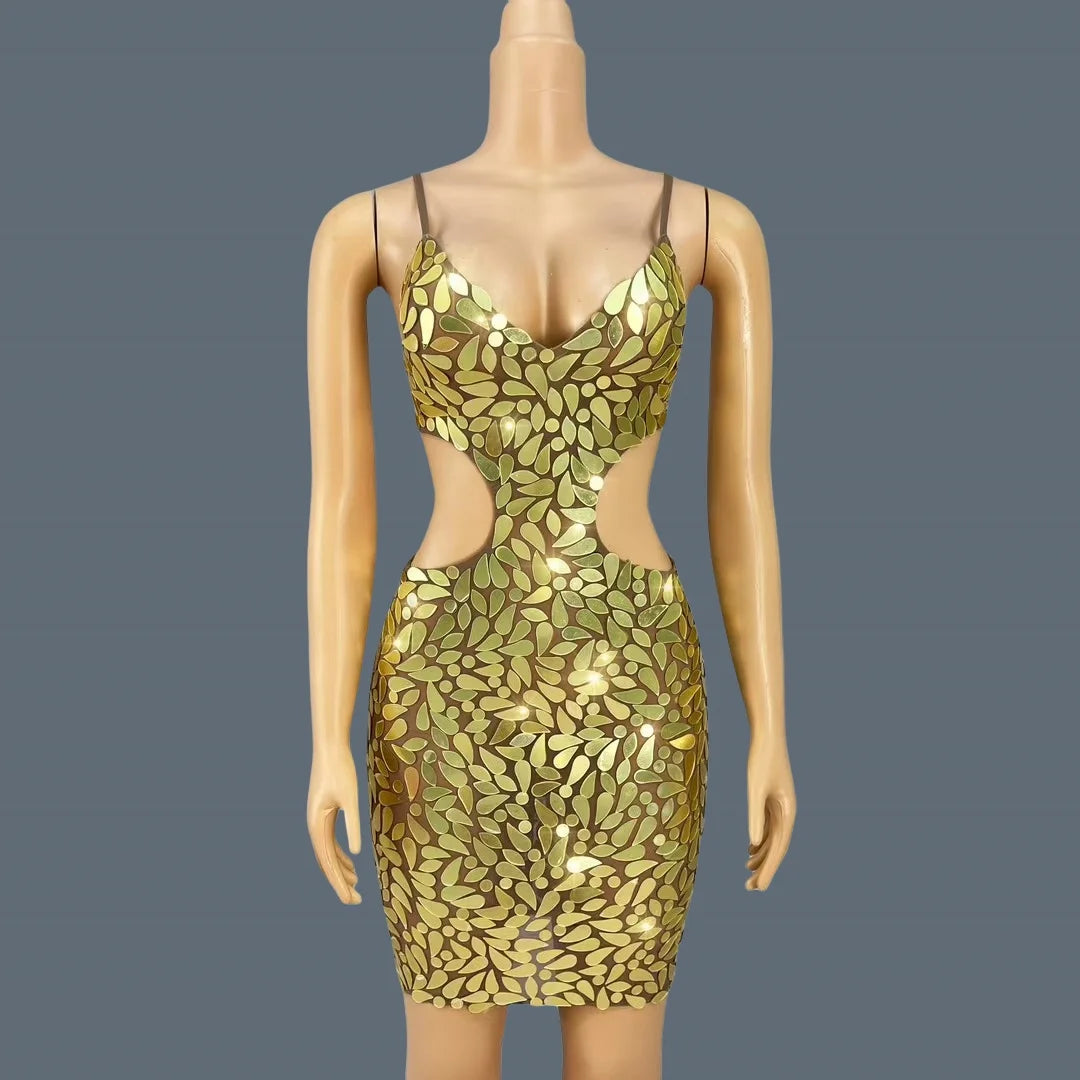 Sexy Backless Strap Deep V Mini Dress Gloden Sequins Evening Dress Birthday Party Queen Maxi Dress Club Chic Dress Huangjinban Gold