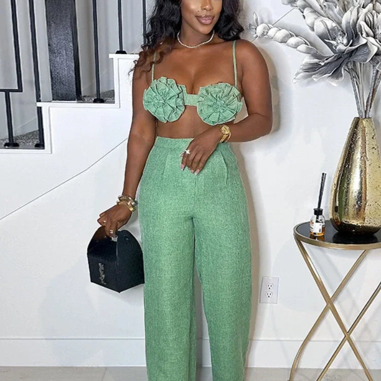Streetwear Women's Set Sleeveless 3D Flower Crop Bra Top+Wide Leg Pants Elegant beach holiday Two 2 Piece Set Outfits