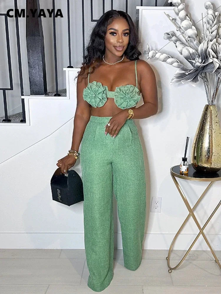Streetwear Women's Set Sleeveless 3D Flower Crop Bra Top+Wide Leg Pants Elegant beach holiday Two 2 Piece Set Outfits