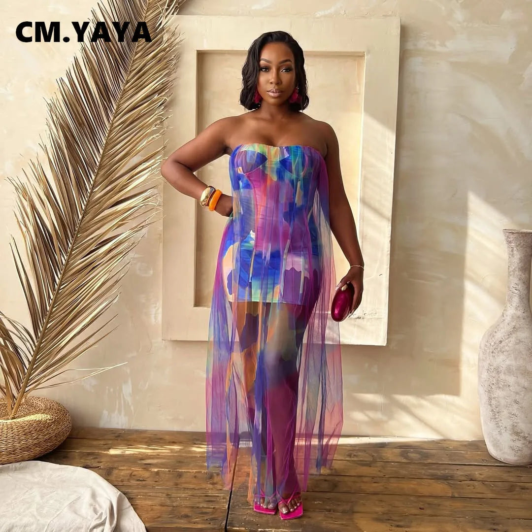Women Sleeveless Tie Dye Print Strapless Mesh Bodycon Midi Long Maxi Dress 2025 Birthday Club Party Vestido Sexy Dresses