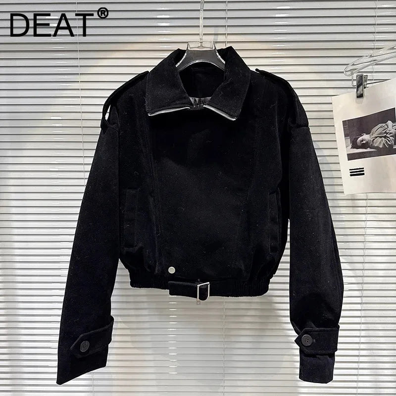 Winter New Fashion Black Zipper Turn-down Collar Fleece Cotton Jacket For Women Streetwear Short Coat Female 11A07598