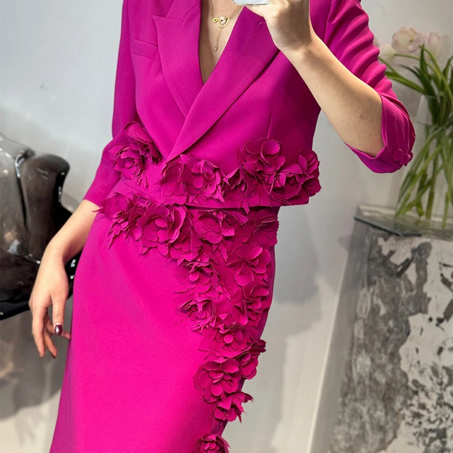 Solid Slimming Spliced 3D Flower Two Piece Sets for Women Lapel Half Sleeves Short Top High Waist Skirt Set Female