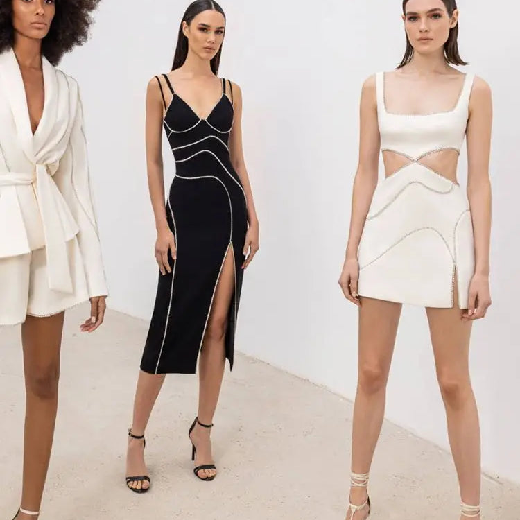 Ailigou 2023 New Summer Women'S White Sexy Luxury Diamond Cut-Out Vest Club Clothing Fashion Sleeveless Mini Bandage Dress