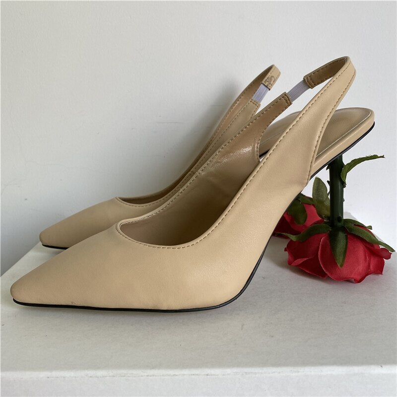Rose Flower Strange Heel Women Pumps Sexy Pointed Toe Slingbacks Luxury Genuine Leather Slim Dress Shoes For Girls Apricot