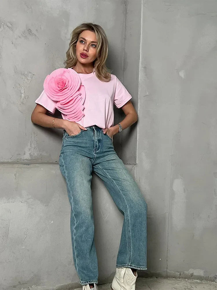 Elegant Lady 3D Pleated Flower Solid T Shirt Fashion Round Neck Short Sleeves Tops Spring Summer Casual Women Street Wear