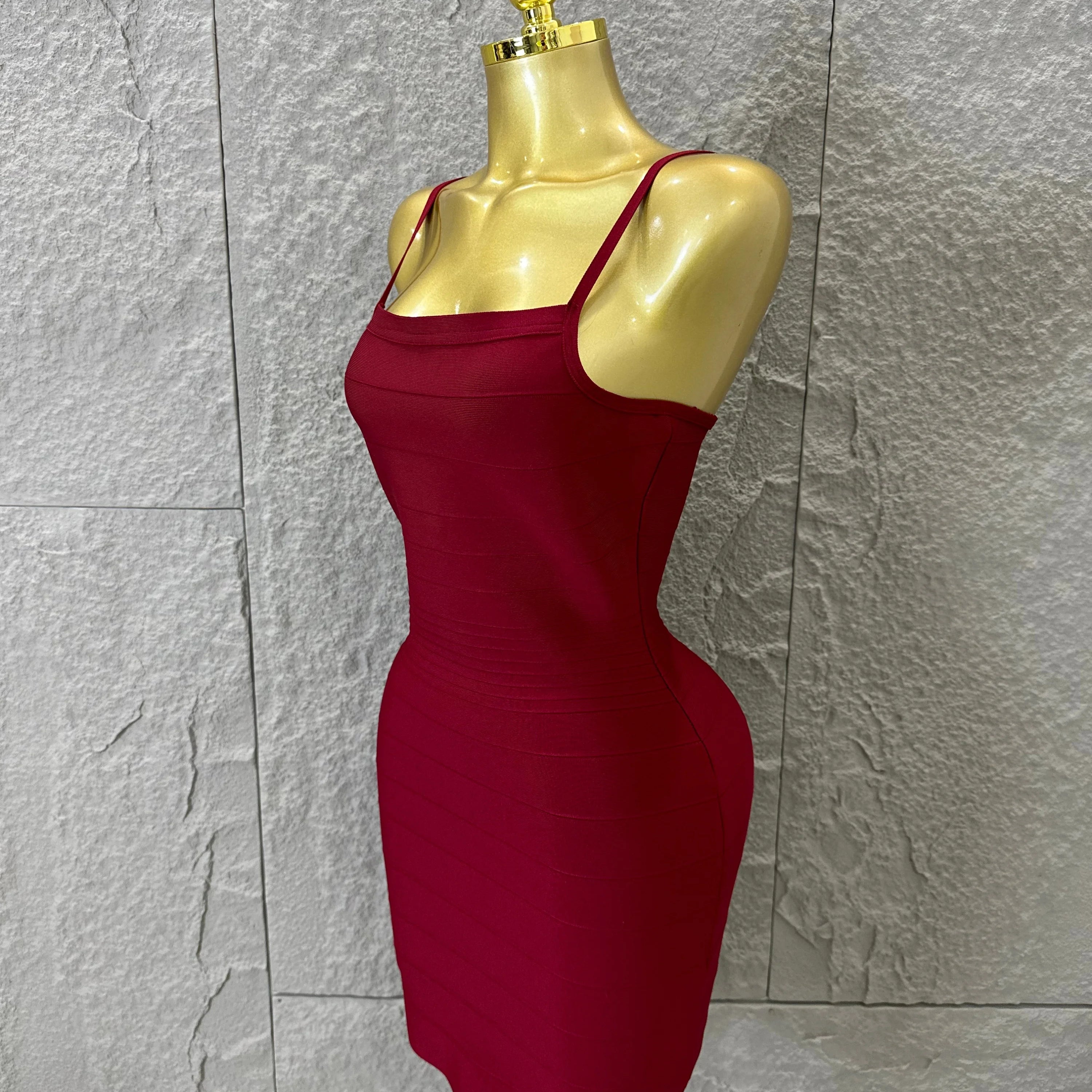 Chic Burgundy Bandage Mini Dress Women Spaghetti Strap Square Neck Bodycon Formal Event Casual Wear Costume