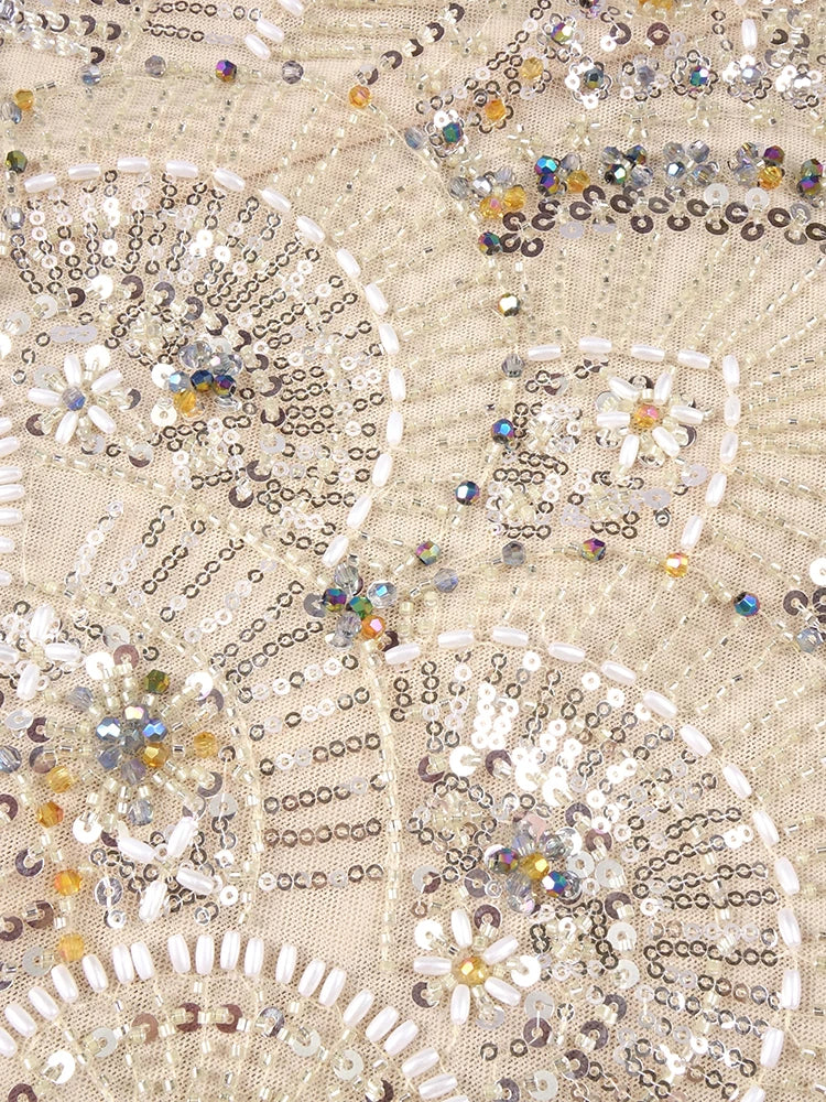 Vintage-Glam Beige Sequin Off Shoulder Strapless Mesh Design Mermaid Dress Evening Gown