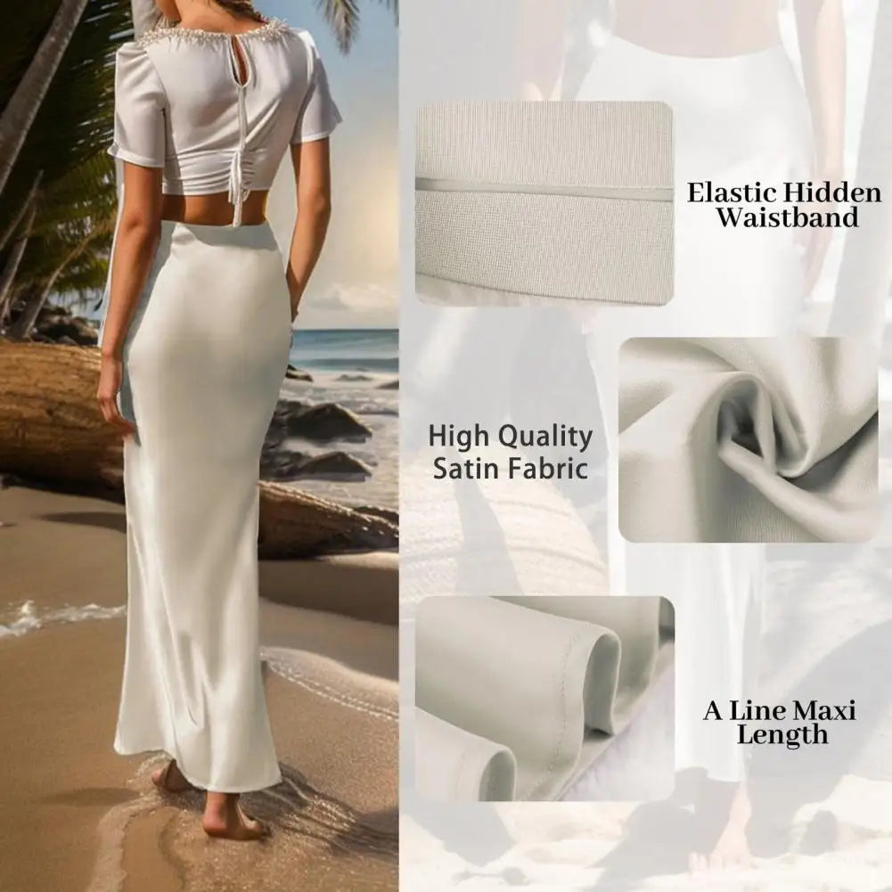 Faux Silk Satin Women Skirt Elegant High Waist A-Line Fishtail Skirt Glossy Office Lady Flared Hem Maxi Skirt Printed Skirts