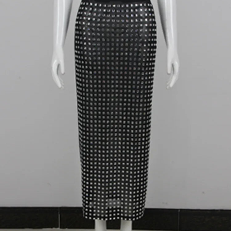 Summer Women Black Diamonds Midi Bodycon Skirt Designer High Waist Party Office Lady Elegant Split Skirt