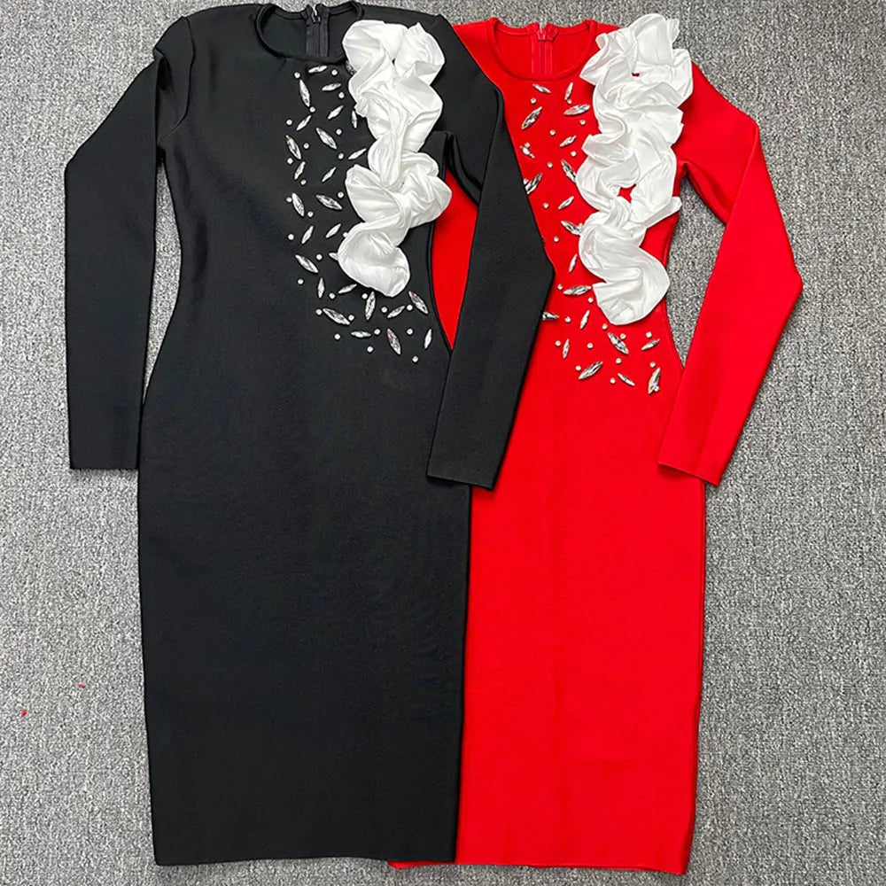 2024 Elegant Women's Light Luxury Patchwork Bandage Dress O-neck Long Sleeve Bodycon and Knee Dress Christmas Eve Party Vestidos