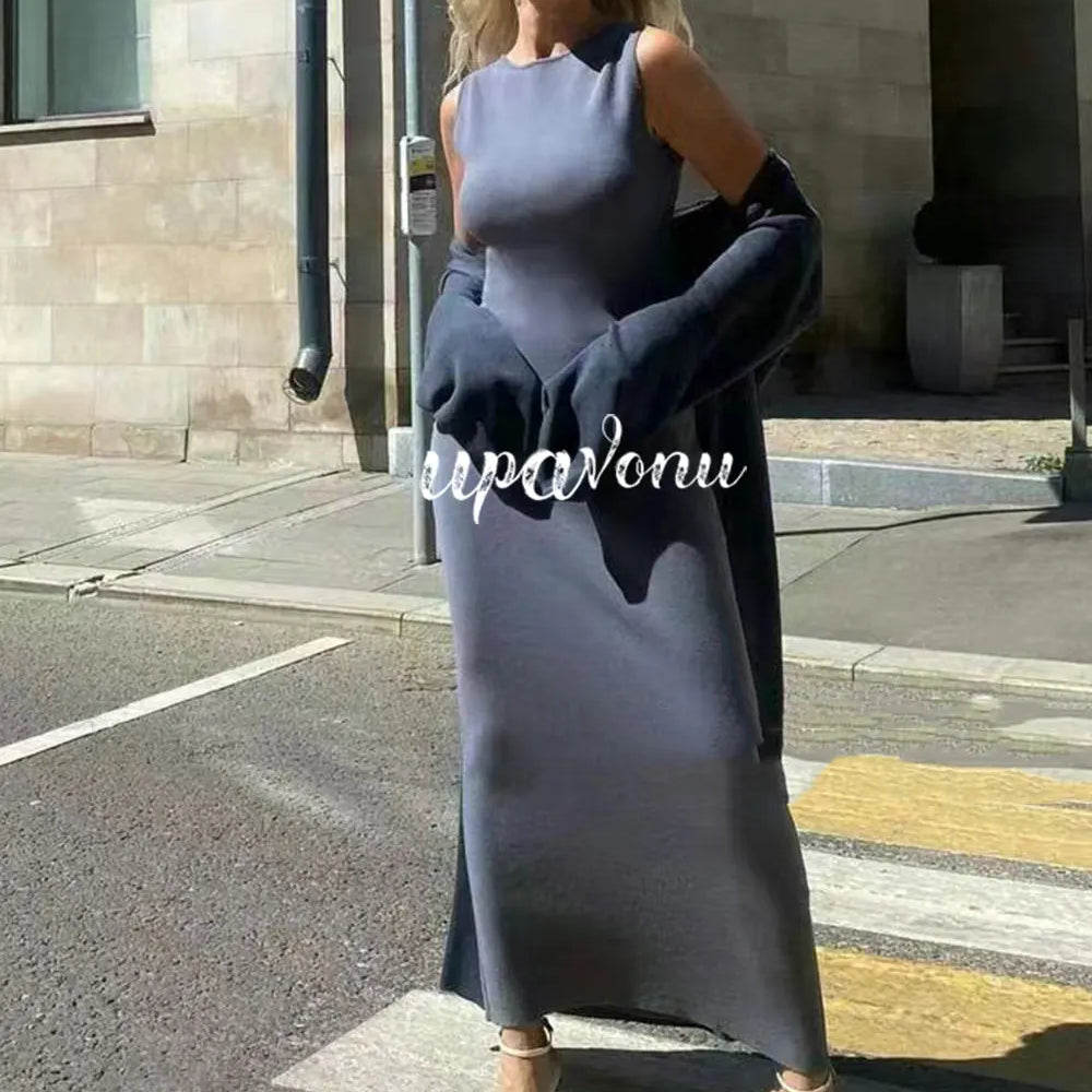 Women's Knitted Long Dress Sets with Polo Collar Long Sleeves Waistband Tie up Cardigan Long Coat+Sleeveless Dress Two Piece Set