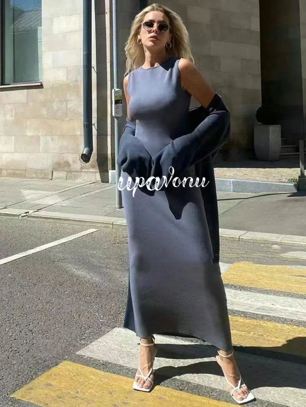 Women's Knitted Long Dress Sets with Polo Collar Long Sleeves Waistband Tie up Cardigan Long Coat+Sleeveless Dress Two Piece Set