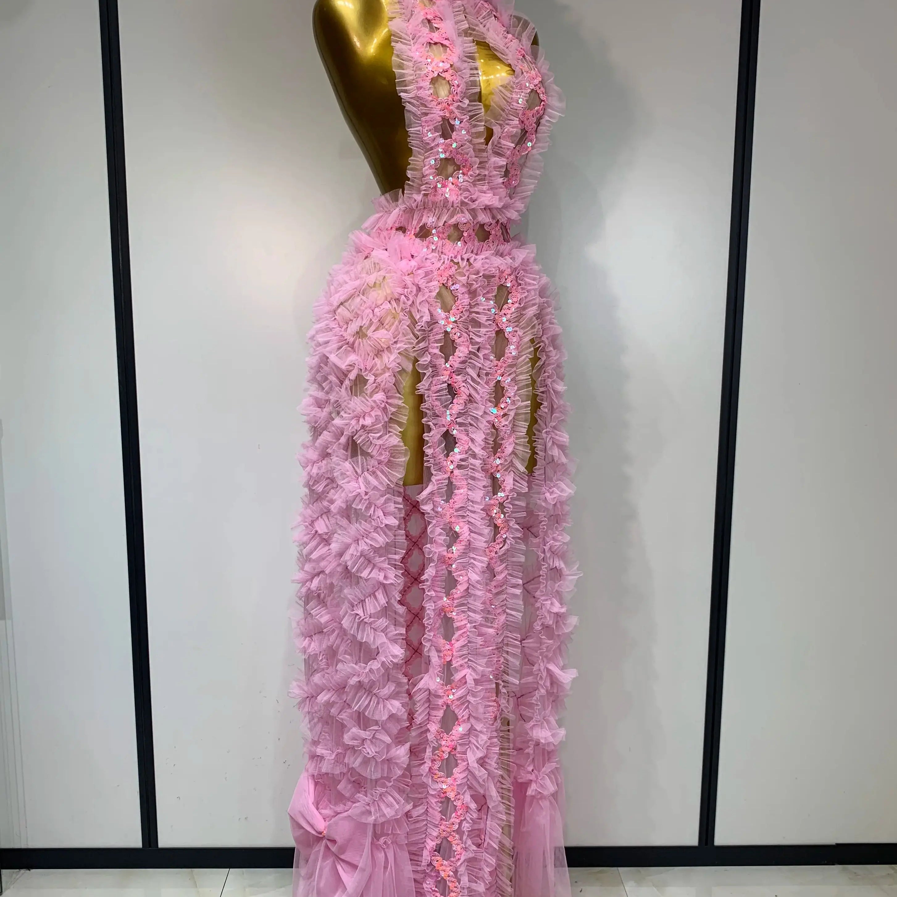 Mesh Sequins Sexy Backless Halter See Through Dress 2025 Birthday Evening Party Prom Nightclub Singer Stage Performance Costume