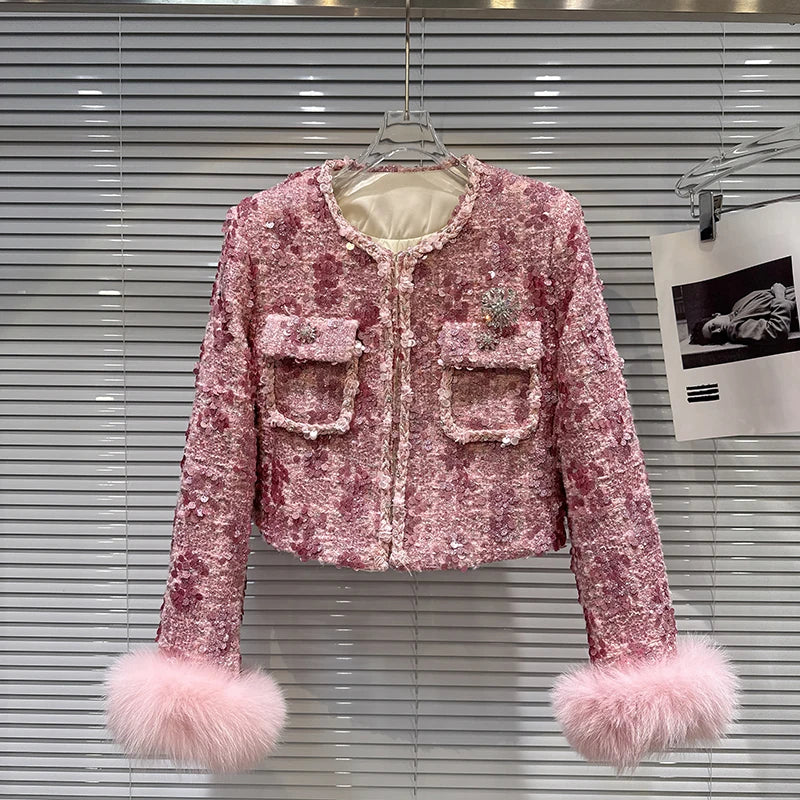 Winter New High-End Fox Fur Sleeve Sequin Tweed Cotton Lined Short Coat For Women Fashion Versatile Jacket 11A07501 Pink