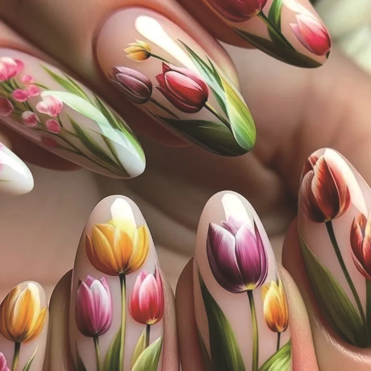 24Pcs Press on False Nails Simple Garden Fresh Flowers Design Sweet Fake Nails Tips Art Wearable Almond Stiletto Oval Manicure 7