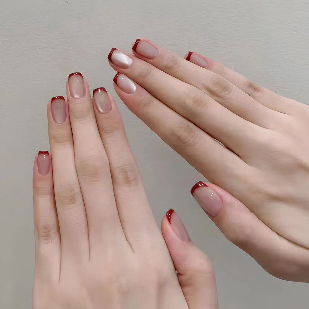 24Pcs French Shiny Cat Eye Fake Nail with Silver Edge Design Short Square Nails Wearable Finished Manicure Jelly Stick on Nails 6