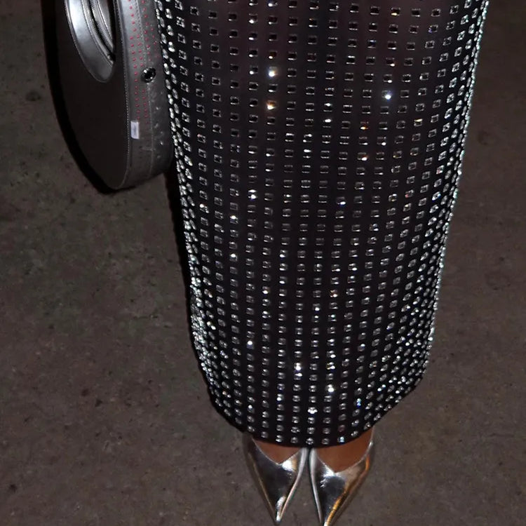 Summer Women Black Diamonds Midi Bodycon Skirt Designer High Waist Party Office Lady Elegant Split Skirt