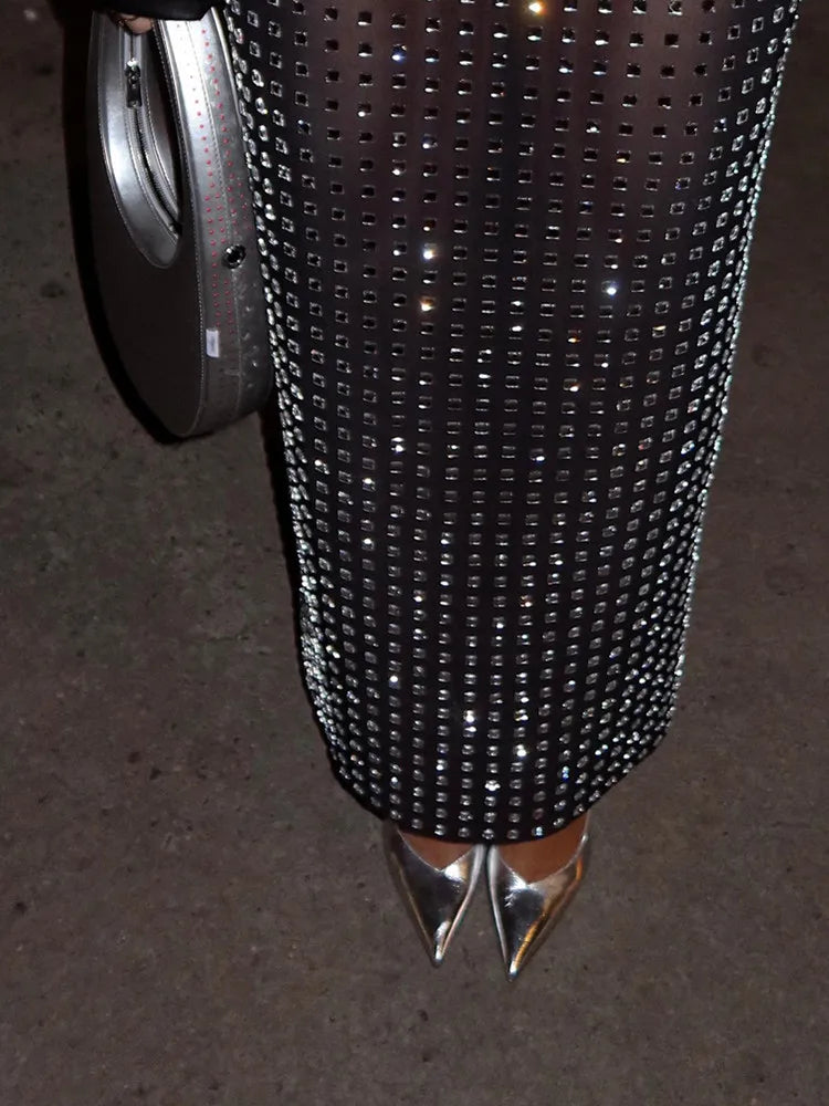 Summer Women Black Diamonds Midi Bodycon Skirt Designer High Waist Party Office Lady Elegant Split Skirt