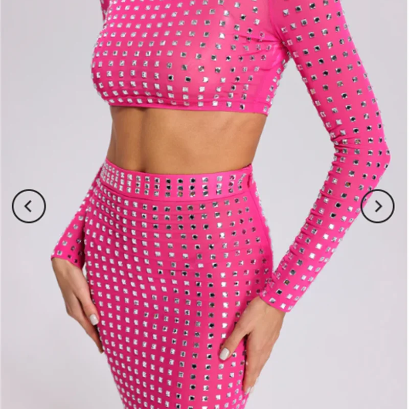 STOCK Sparkling square Diamonds Sexy Mesh See Through Top And Skirt Woman Fashion Set High Street Wear Evening Party Outfit