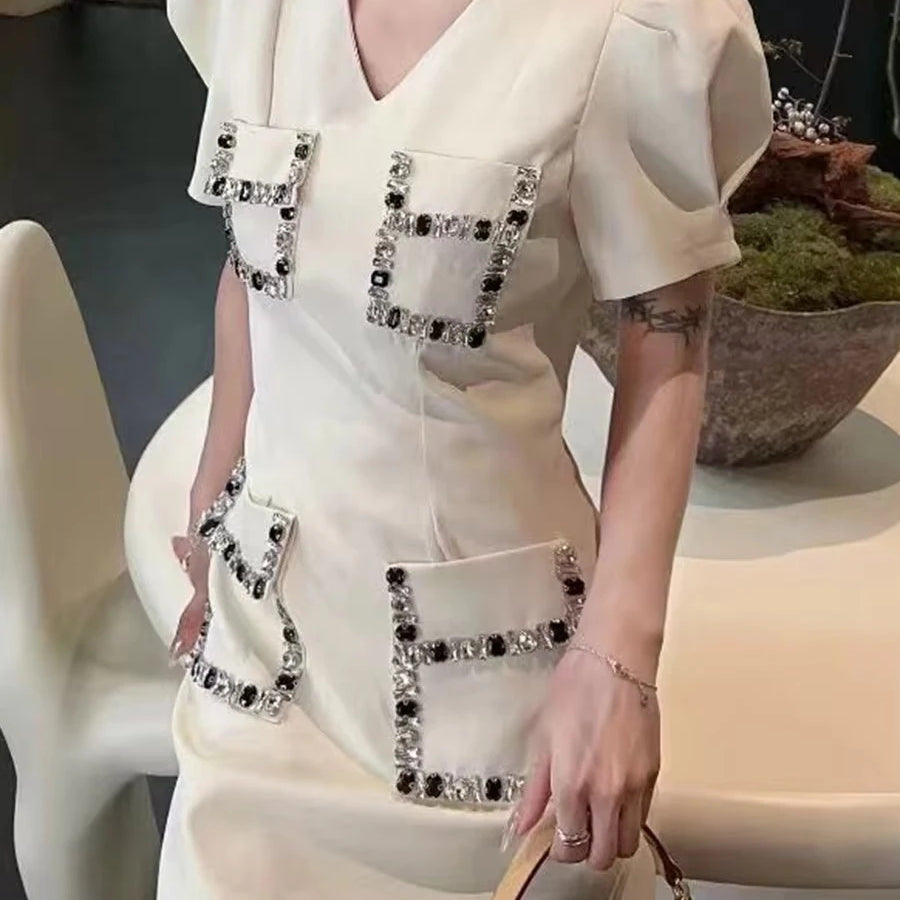 Solid Slimming Spliced Pockets Dresses for Women V Neck Short Sleeves Patchwork Bead Elegant Dress Female Clothing WHITE