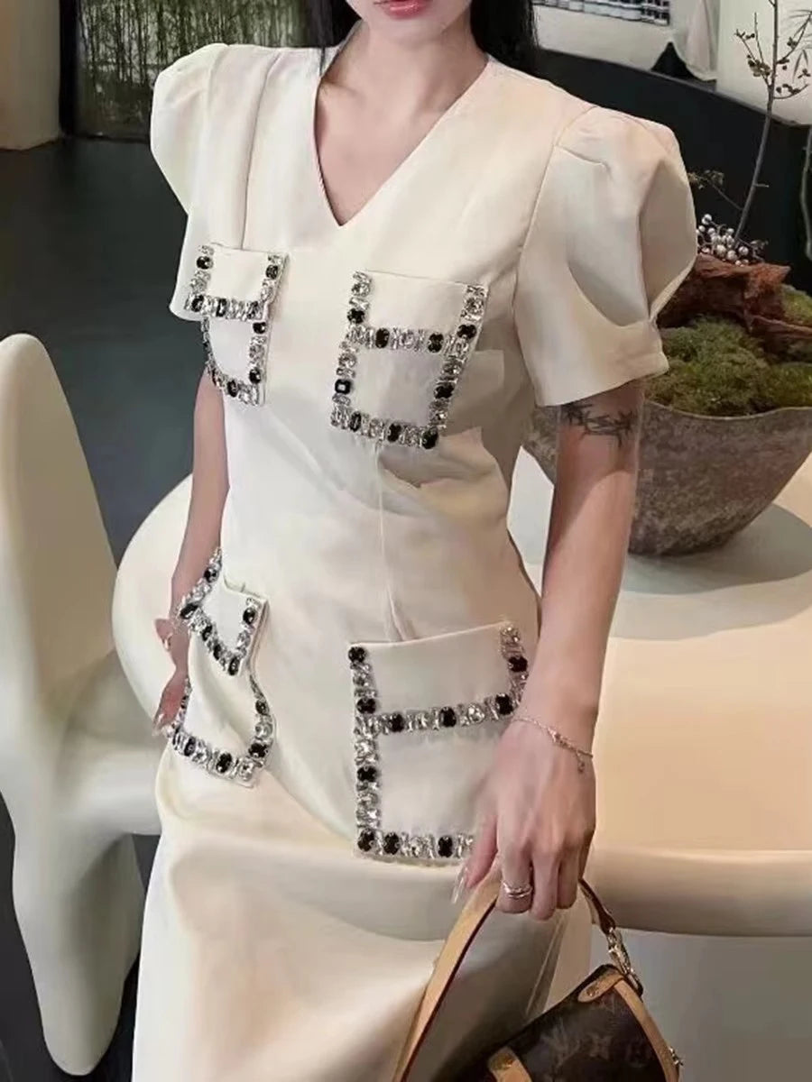 Solid Slimming Spliced Pockets Dresses for Women V Neck Short Sleeves Patchwork Bead Elegant Dress Female Clothing WHITE