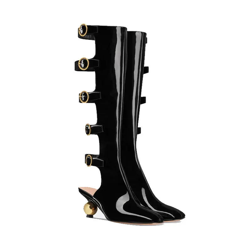 Multi Buckle Strap Heels Strange Style Women Summer Boots Metal Decor Heeled Sandals Square Toe Patent Leather Hollow Sandalias Black