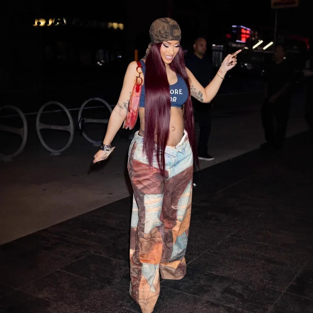 Fashion Women Fake Denim 3D Print Loose Wide Leg Jogger Pants 2025 Streetwear Casual Active Hip Hop Sweatpants Trousers