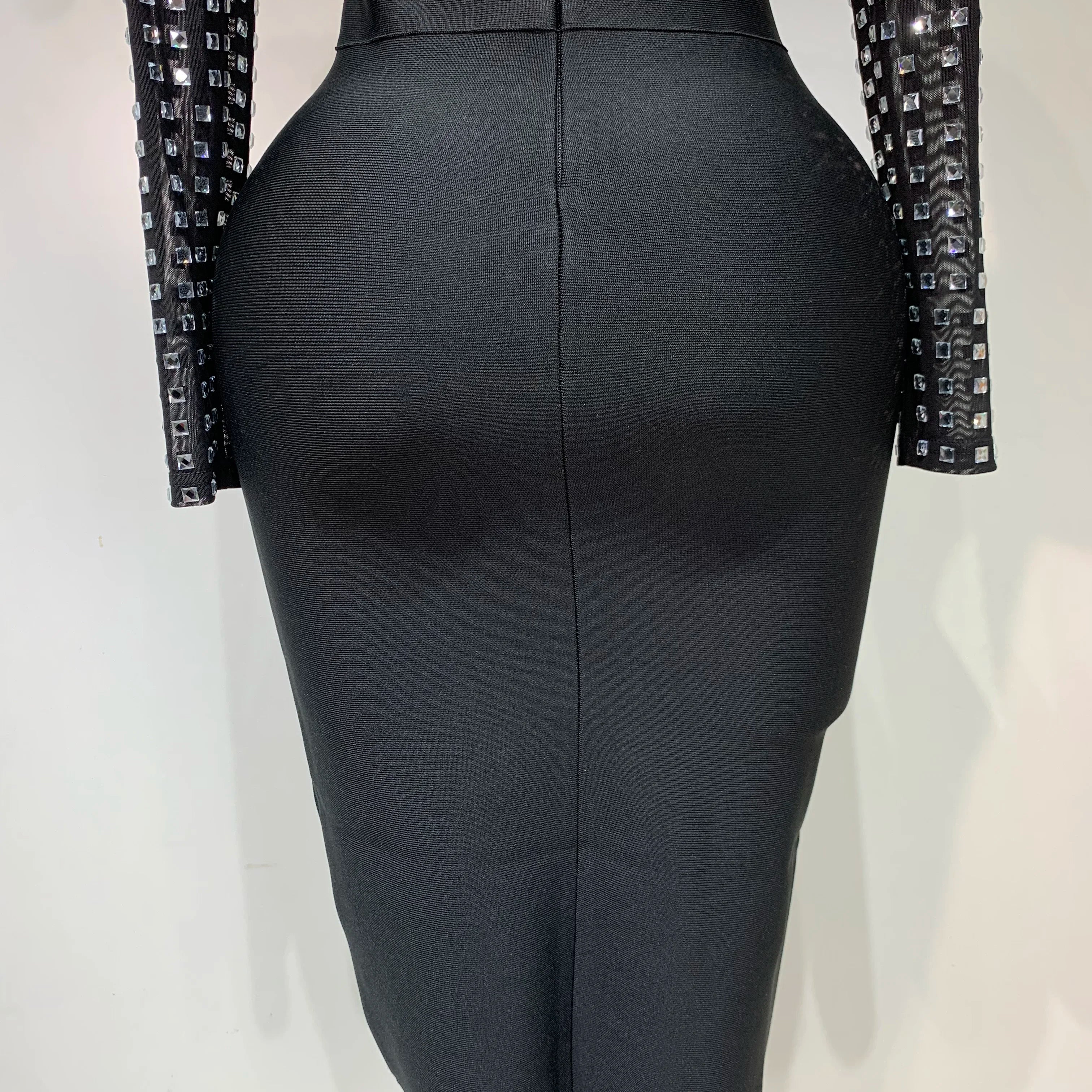 Celebrity Sexy Turtleneck Rhinestones Black Mesh Bodycon Bandage Dress Women 2025 Elegant Evening Club Luxury Birthday Dress