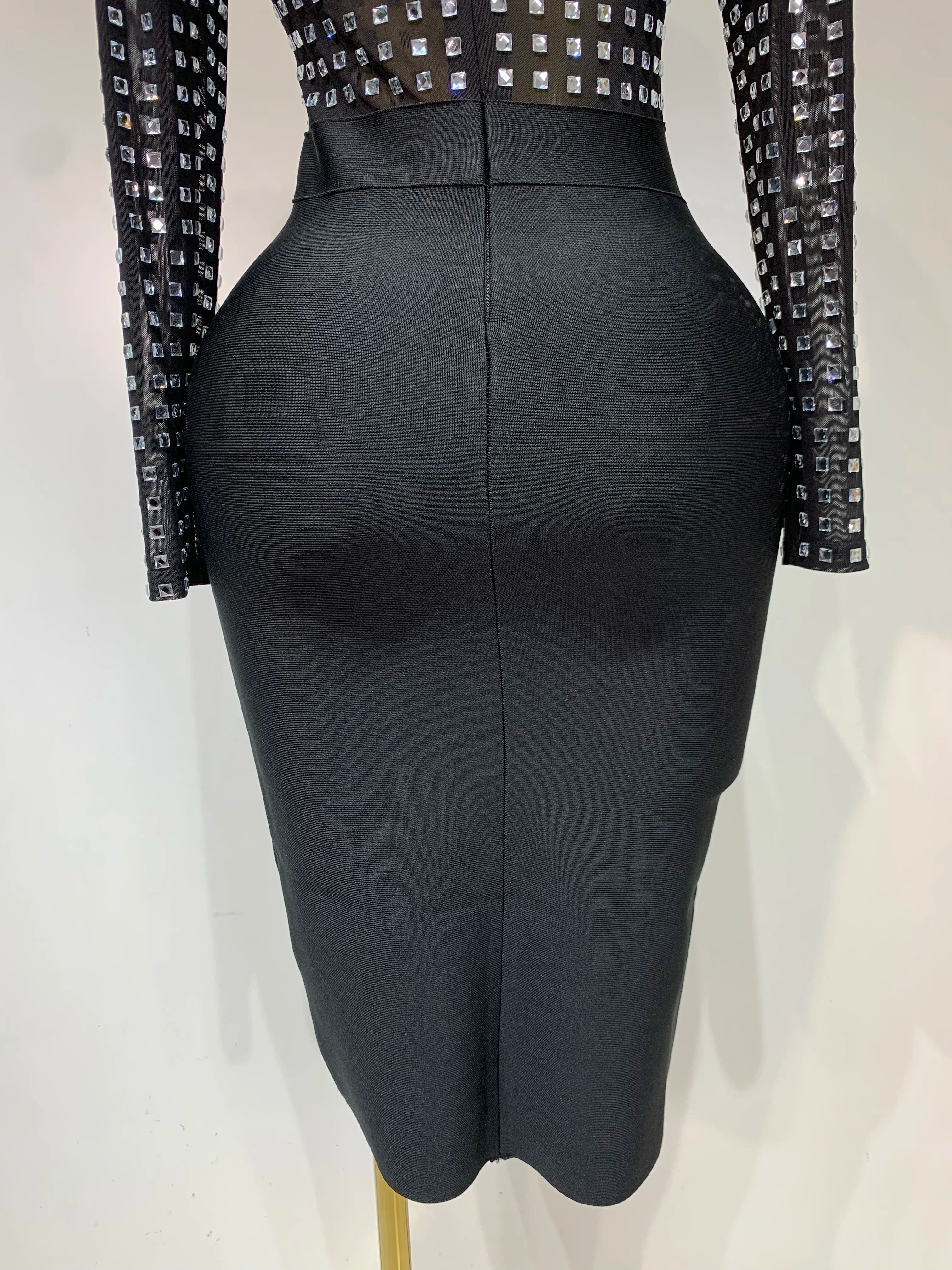 Celebrity Sexy Turtleneck Rhinestones Black Mesh Bodycon Bandage Dress Women 2025 Elegant Evening Club Luxury Birthday Dress