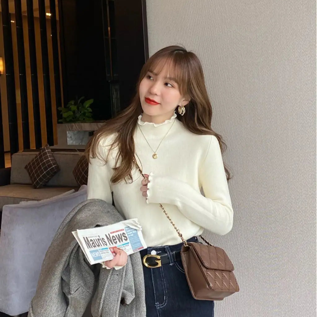 Autumn Winter Sweater Women's Velvet Half Turtleneck Bottoming Shirt Inner Plus Velvet Thick Top Thermal Women Clothes
