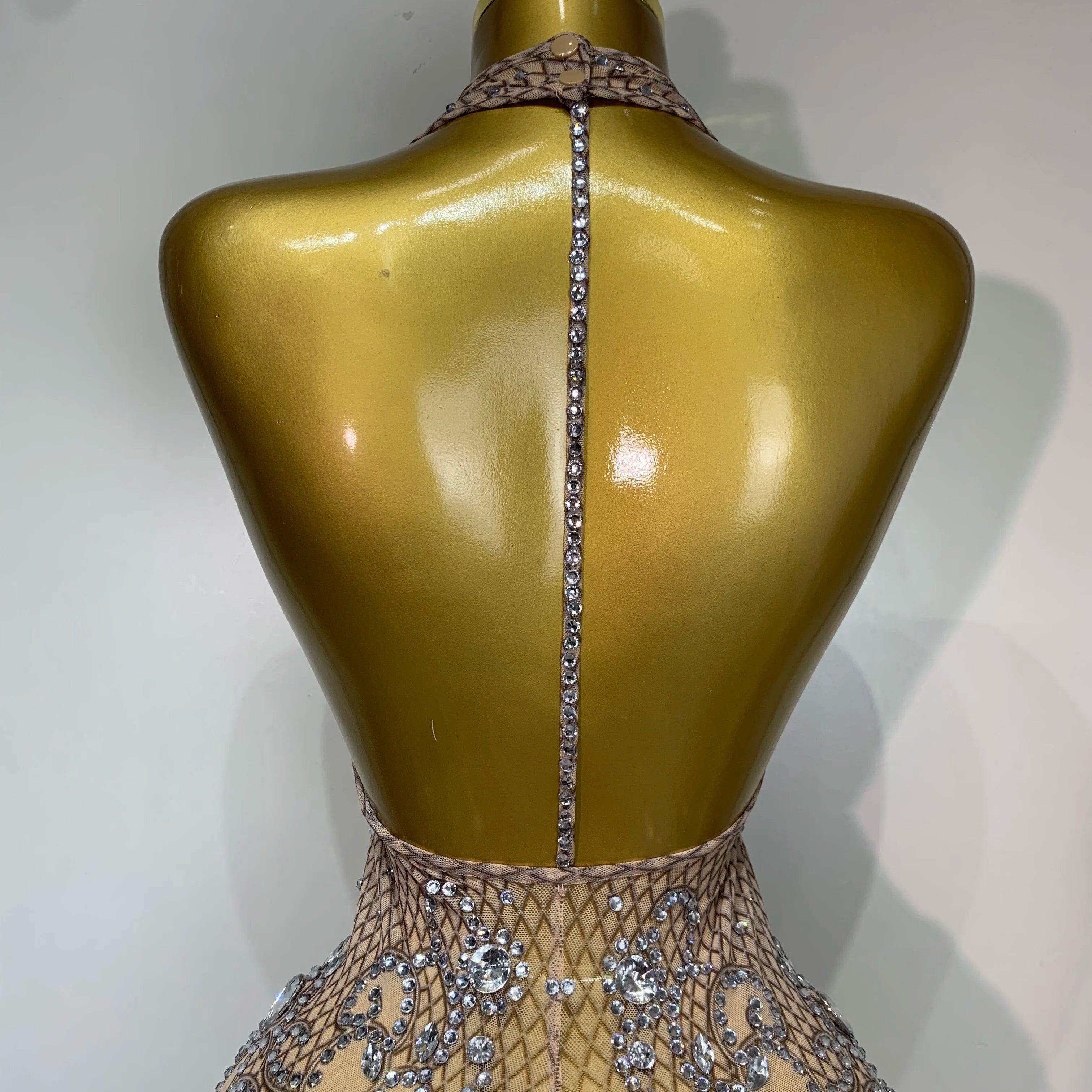 Women Sexy Backless Mesh Crystal Diamonds Performance Costume Stage Dancer See Through Stretchy Nightclub Evenig Party Dresses