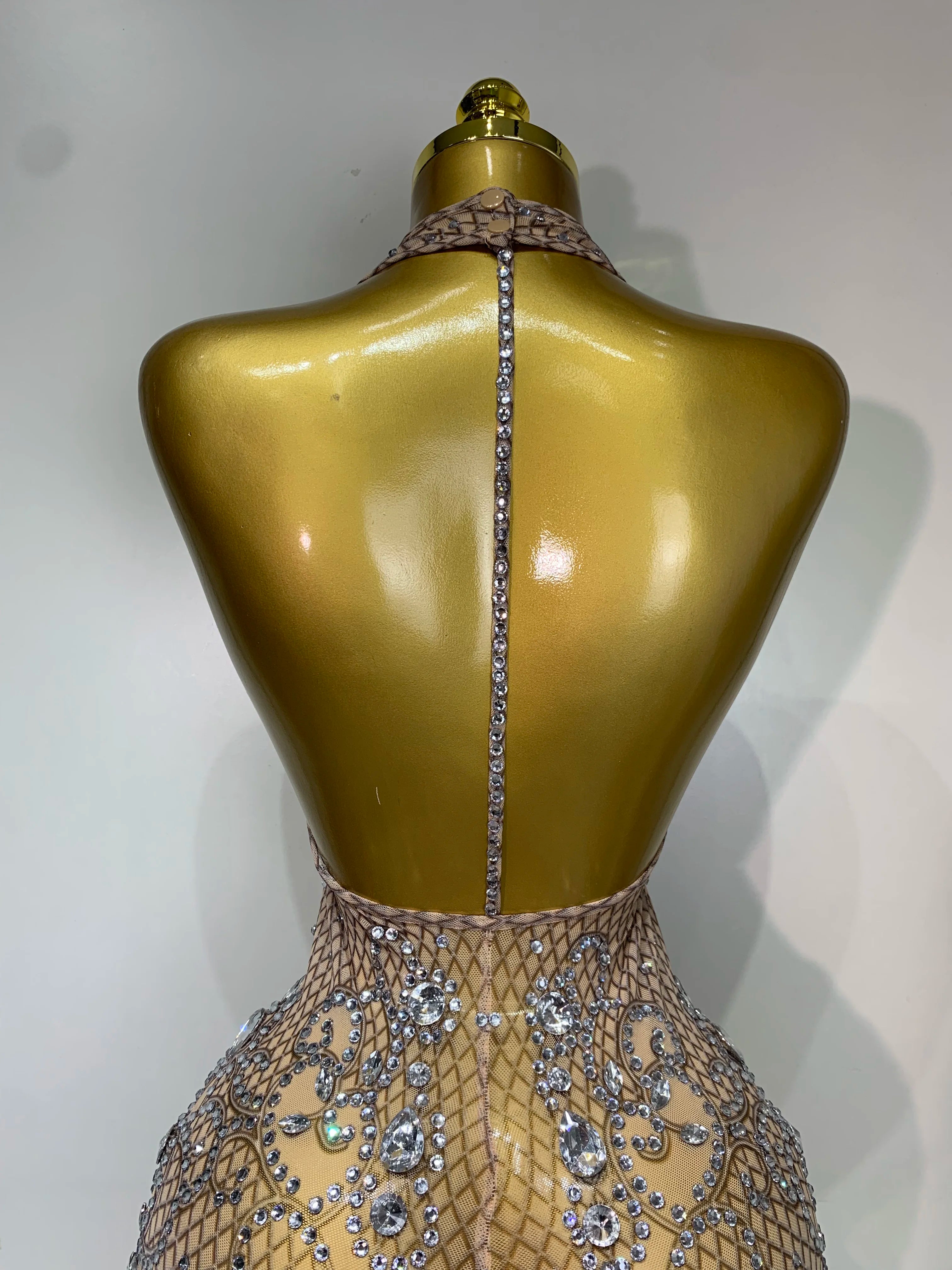 Women Sexy Backless Mesh Crystal Diamonds Performance Costume Stage Dancer See Through Stretchy Nightclub Evenig Party Dresses