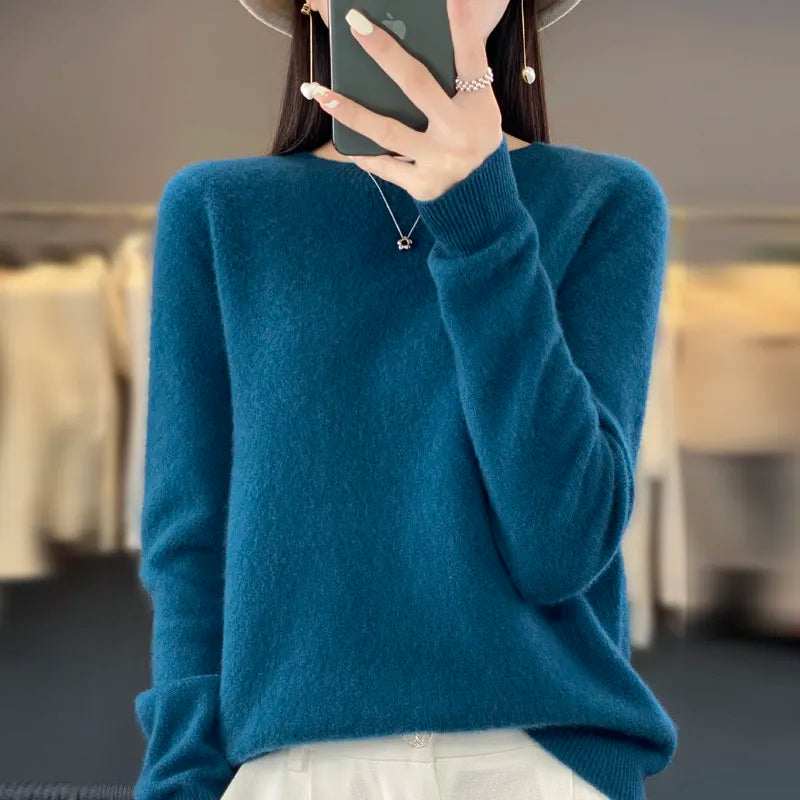 Women 100% Pure Merino Wool Knitted Sweater Autumn Winter Fashion O-Neck Top Cashmere Warm Pullover Seamless Jumper Clothes