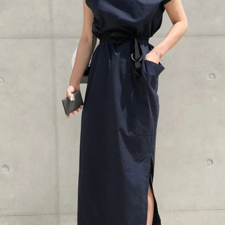 Asymmetrical Sashes Dress For Women Slash Neck Short Sleeve High Waist Casual Dresses Female Fashion New Clothing