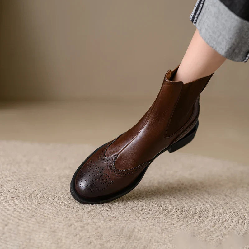 New Autumn Genuine Leather Women Boots Round Toe Ankle Boots for Women Chunky Heels Block Winter Boots Chelsea Boots