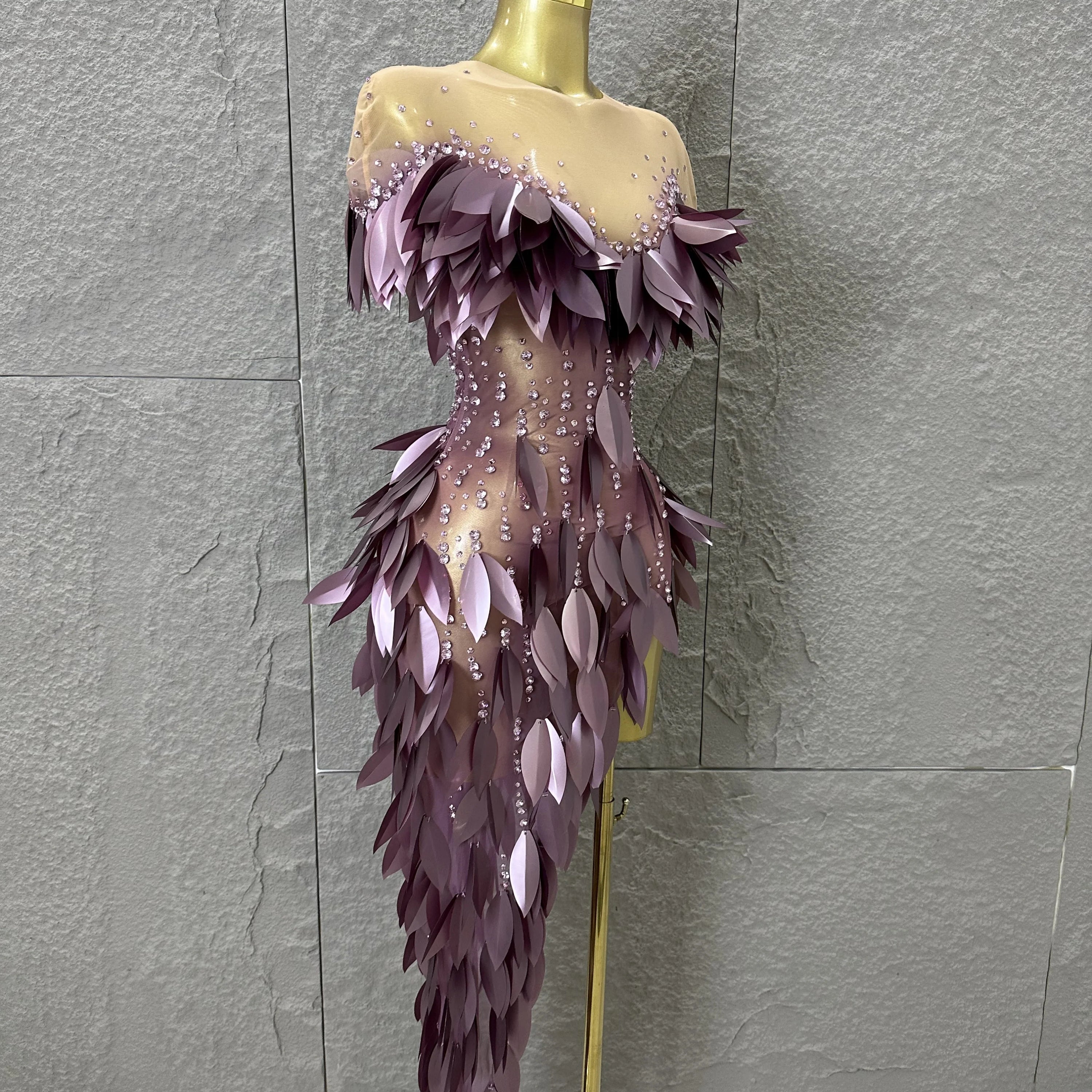 Sparkly 2026 Purple Sheer Mesh Dress Women Sexy Illusion Neck Rhinestone 3D Leaf Fringe Bodycon Evening Gala Nightclub Outfit